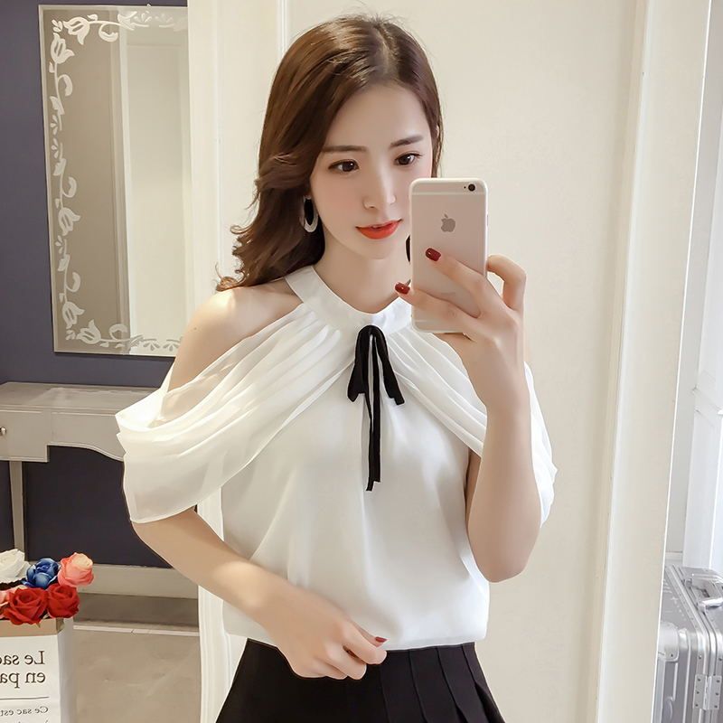 2019 mujeres Fasion halter blusas coreanas delgadas fuera del hombro de manga corta blusa de