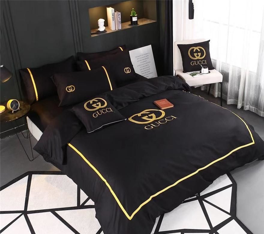 4 Brand Mix Bedding Suit Black Gold Border Embroidery All Cotton