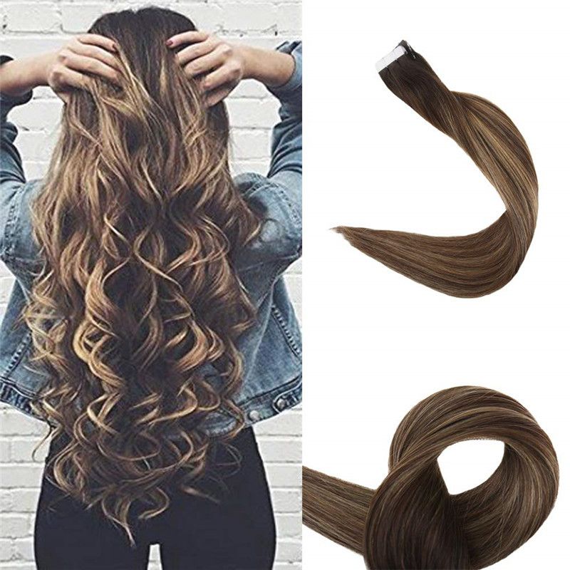 Ombre Tape In Hair Extensions Seamless Remy Hair Weft Color 2 Brown Fading To 3 And 27 Honey Blonde Dip Dyed Human Hair 50gram Blonde Human Hair