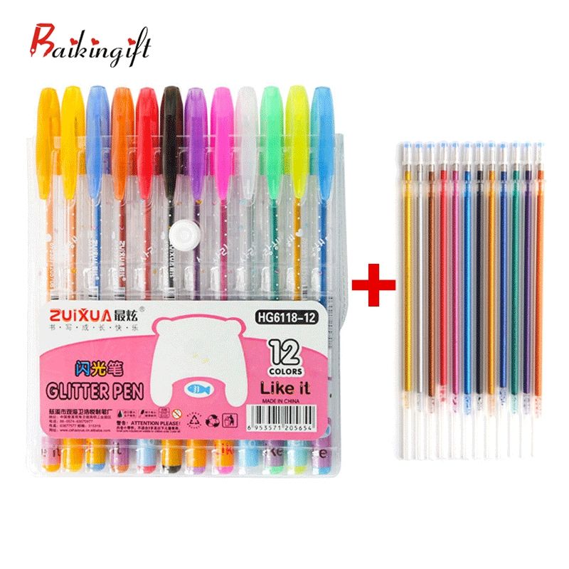 12 + 12 / Set Colores Plumas Gel Glitter Set pluma del gel recargas para adultos libros 12 + 12 / Set Colores Plumas Gel Glitter Set pluma del gel recargas para adultos libros