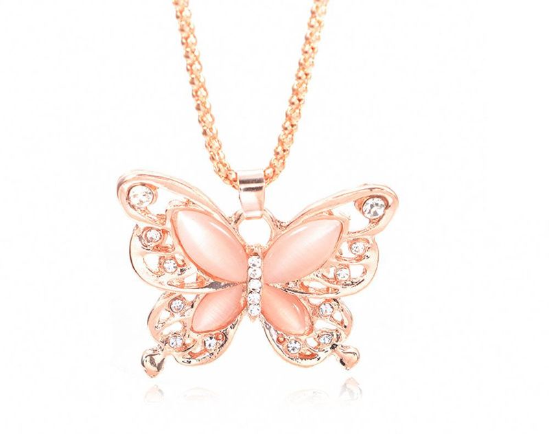 Rose Opal Schmetterling Anhänger Halskette Pullover Kette  DE