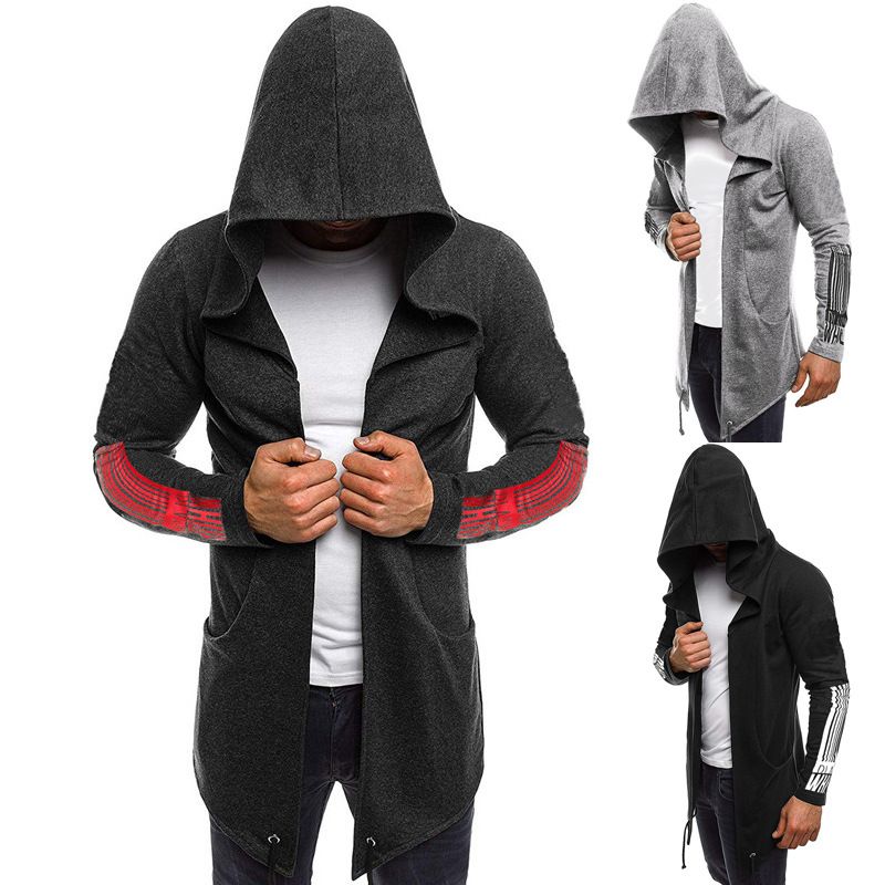 Sudaderas con capucha largas para hombres Negro oscuro Impresión con capucha Sudadera capucha de Assassin's Creed Mezcla de algodón Moda masculina delgada