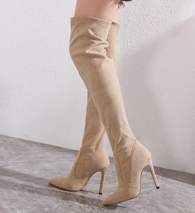 Compre Botas De Inverno Mujer Bege Preto Estiramento Camurça Coxa Botas  Altas Sexy Dedo Apontado Coxa Alta Botas De Salto Alto Mulheres Botas  Sapatos De Caminhada Das Senhoras De Gato Barato 