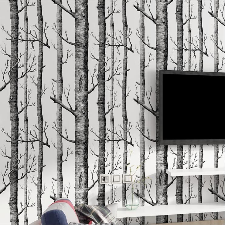 Black White Birch Tree Wallpaper For Bedroom Modern Design Living Room