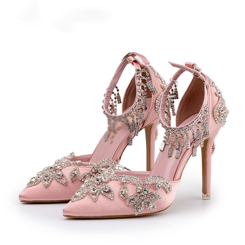 Bride Shoes Design Glittering Crystal Tassel Baby Pink Sandals