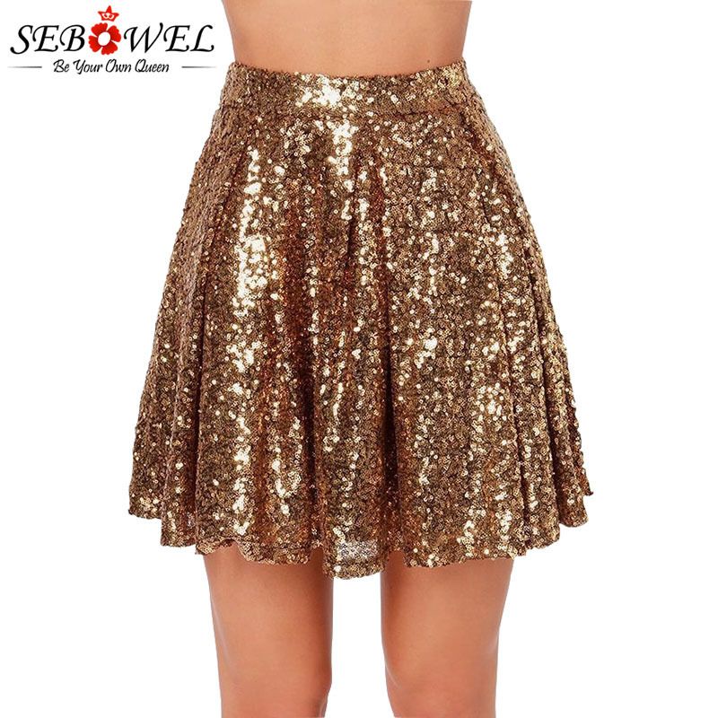 SEBOWEL 2020 Nueva de la mujer del oro con lentejuelas falda plisada verano brillo
