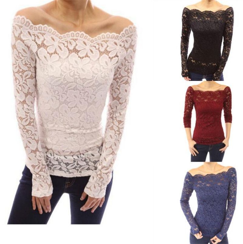 Compra Nueva Moda Blusas Sin Tirantes De Encaje Calado Cuello De Encaje  Camisa De Manga Larga Sexy Mujer Blusa Fuera Del Hombro De Encaje De Manga  Larga Tops Barato | Entrega Rápida