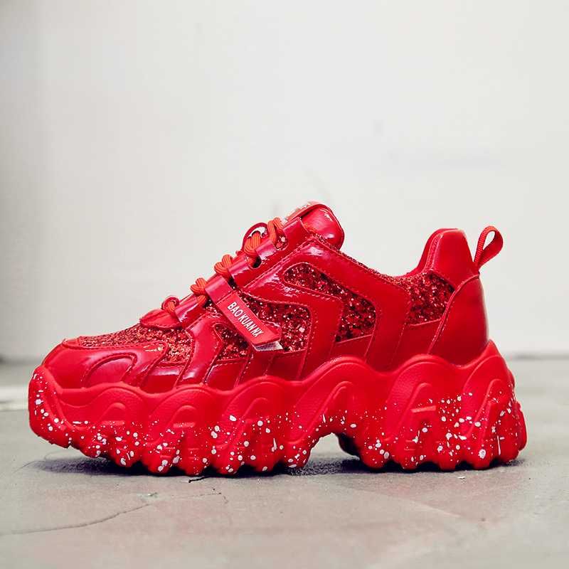 red shiny sneakers
