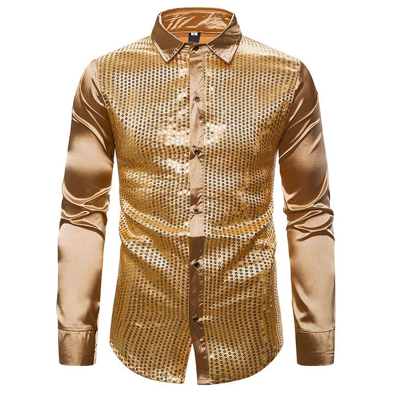 2021 Luxury Gold Sequin Silk Dress Shirts Men Long Sleeve Button Down ...