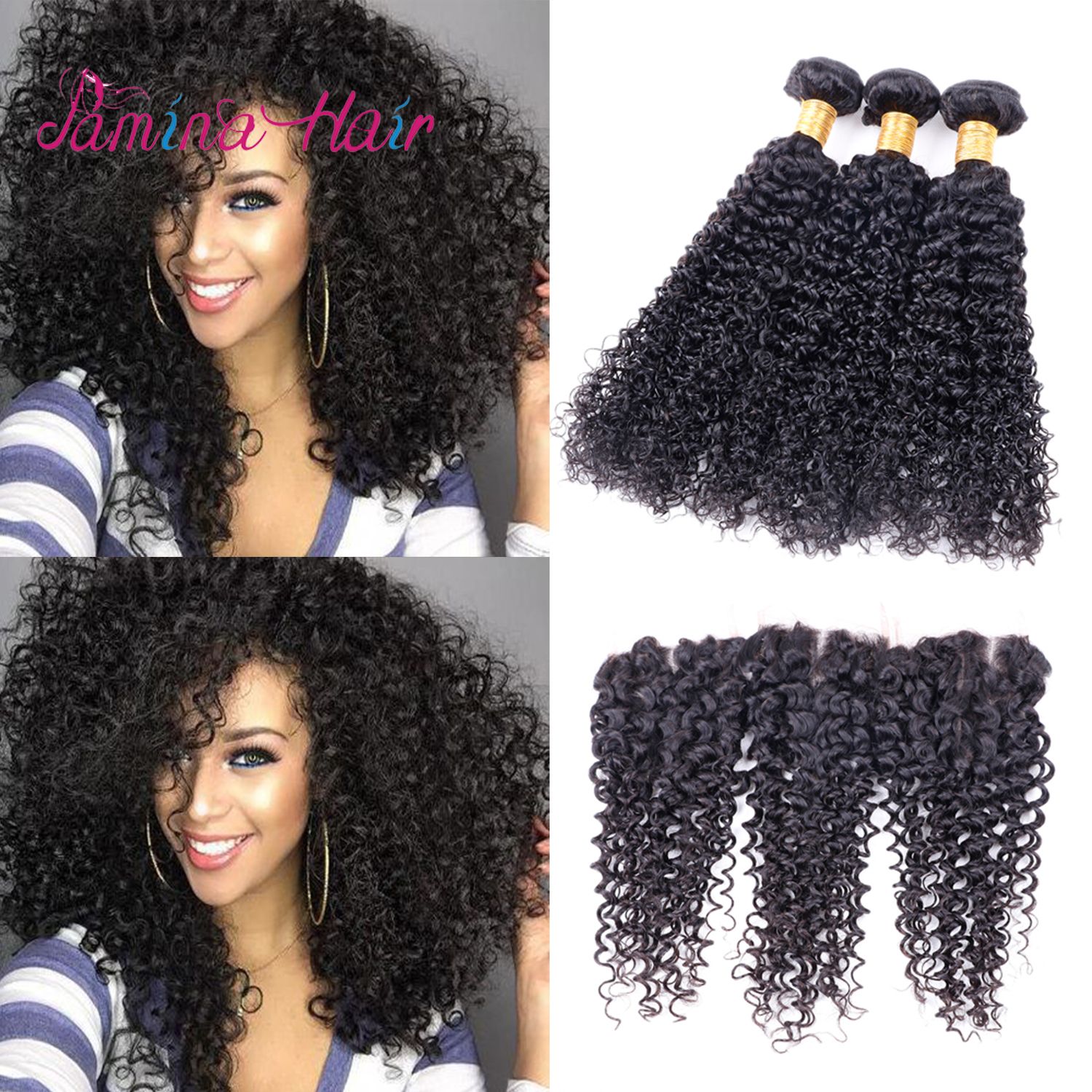 Brazilian Kinky Curly Virgin Hair Human Hair Bundles With Lace