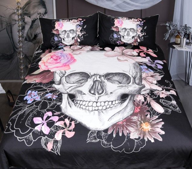 Gothic Bedding Set Floral Duvet Cover Black And White Skull