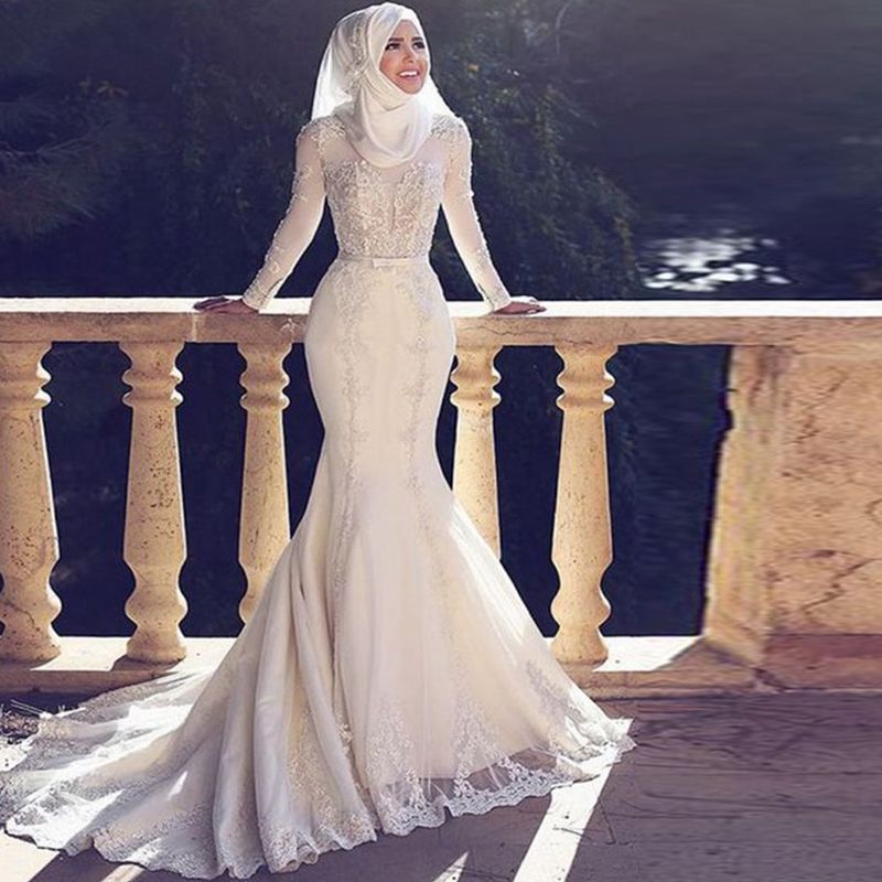 Long Sleeves Muslim  Wedding Dresses 2022 With Hijab  Tulle 