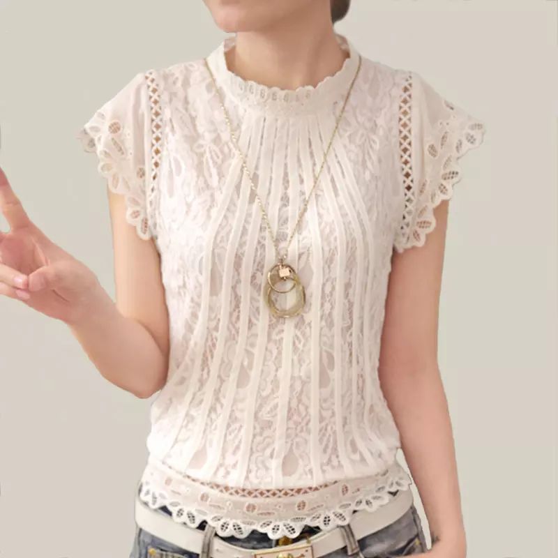 Señoras encaje blanco blusa manga corta cuello alto mujeres top crochet de mujer más