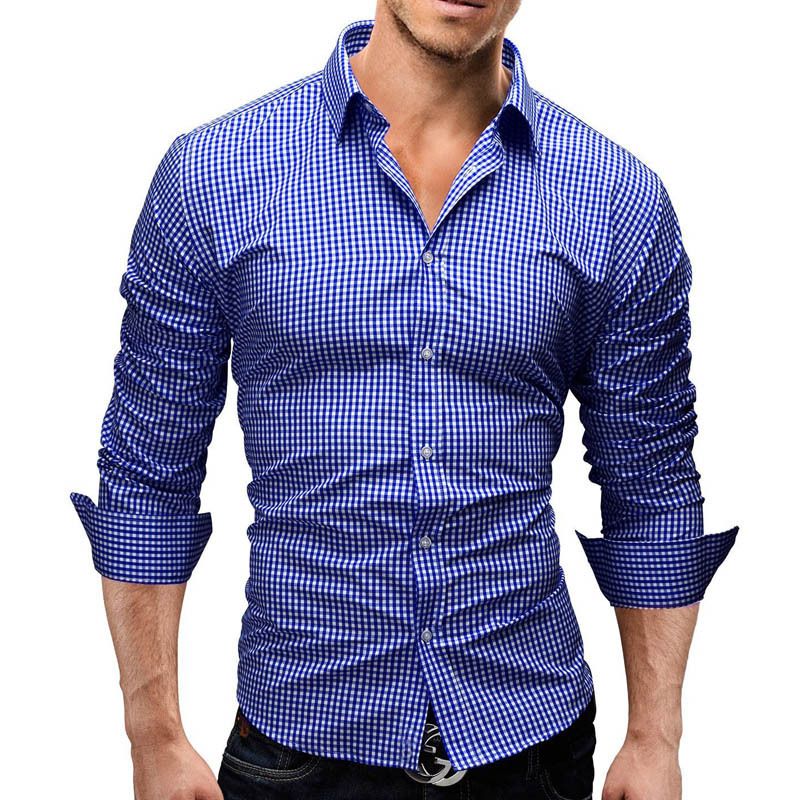 de camisas hombre Primavera 2019 Camisetas moda de manga larga a cuadros para