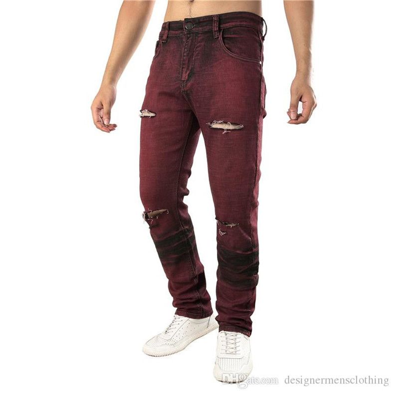 Acquistare Fori Rossi Lisci Designer Slim Mens Stretch Jeans Moda Pantaloni  Da Uomo Lungo Maschio Abbigliamento Economico | Consegna Veloce E Qualità |  It.Dhgate