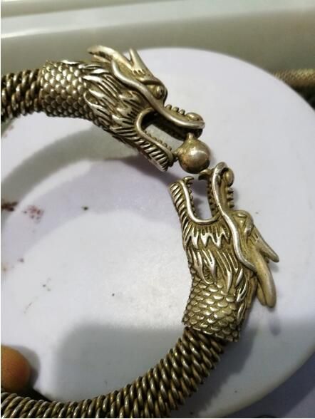 Collection China Tibetan silver Carved Double headed Dragon Silver Bracelet 