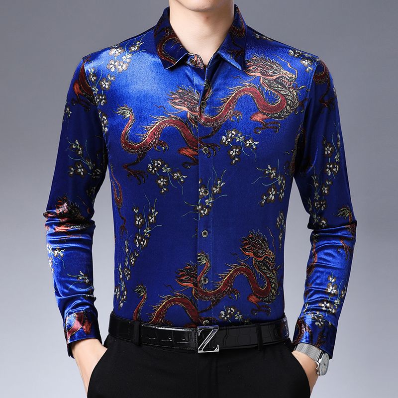 Royal Blue Dragon Print Shirts Mens Velvet Shirts 2019 Winter