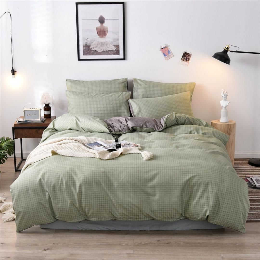 Green Grid Bedding Sets Cotton Christmas Soft Cotton Duvet Quilt