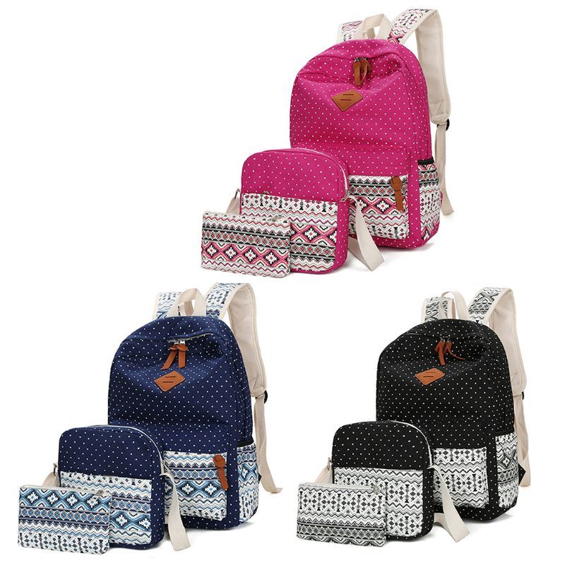Set Of 3pcs Unisex School Bags Girls Biys Polka Dot Trevel Backpack Pencil Case