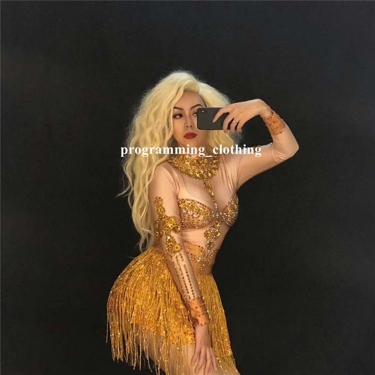 Compra Vestidos De Borla Dorada R40 Falda Sexy Femenina Dj Pole Dance  Trajes De Baile De Salón Ropa De Actuación Escénica Trajes De Bar Lleva  Sujetador Bikini Club Barato | Entrega Rápida