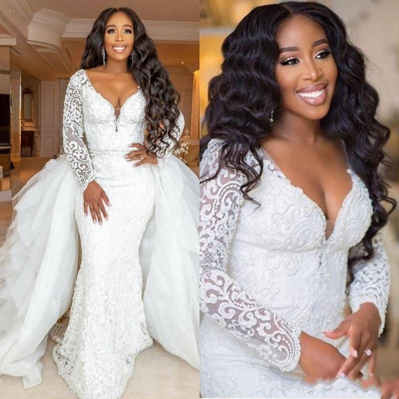 2020 New African Luxury Long Sleeves Plus Size A Line Wedding Dresses With Derachable Train Sexy Deep V Neck Black Girl Lace Bridal Gown