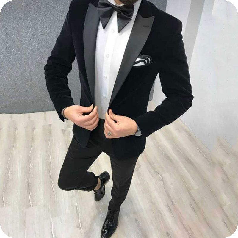 Formal Black Velvet Smoking Jacket Men Suits Groom Wedding Tuxedo ...