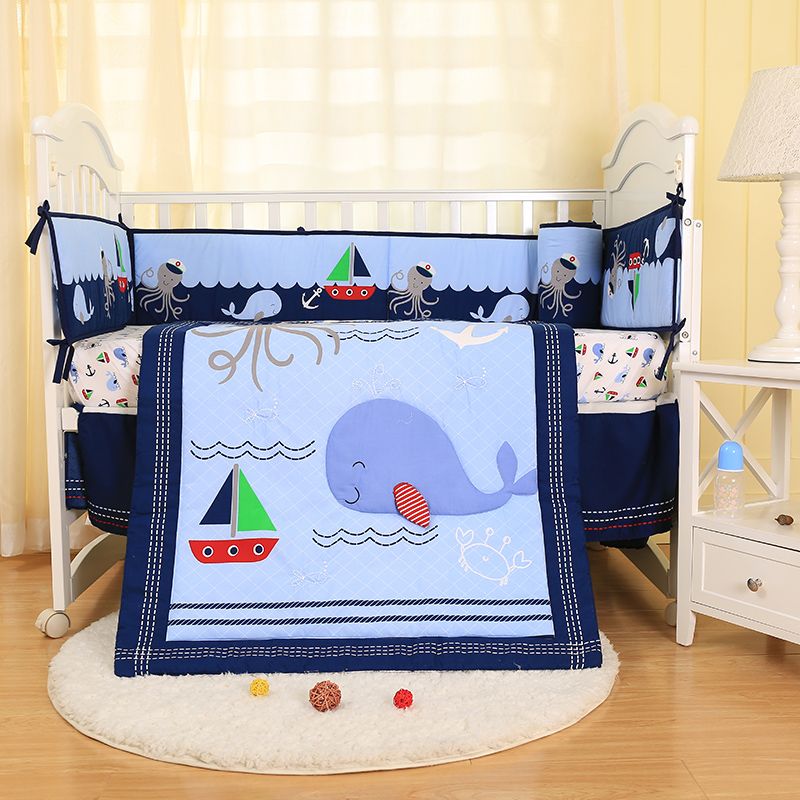 Nursery Crib Bedding Set For Baby Boy Navy Blue Whale Pattern 3d
