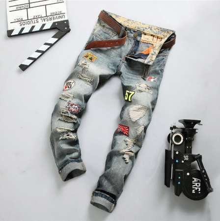 New Mens Ripped Patches Retro Jeans 
