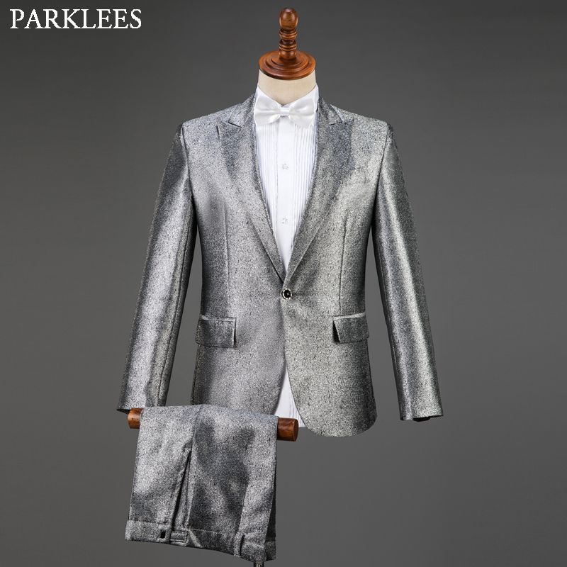 2021 Shiny Silver Wedding Suits For Men Suits Set 2019 Fashion Suit For