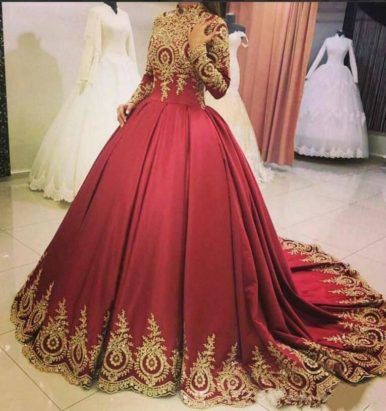 Dark Red With Gold Lace Wedding Dress High Neck Long