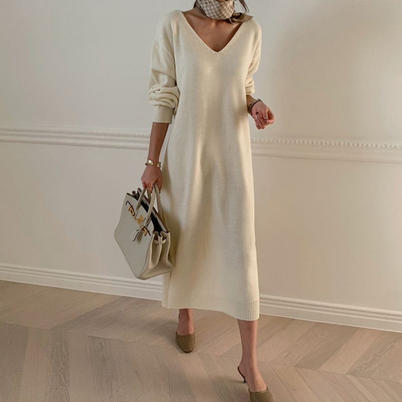 white v neck sweater dress