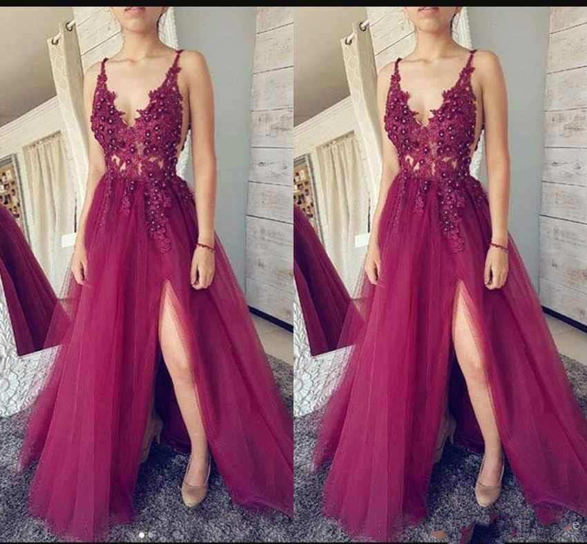 Compra Vestidos De Fiesta De Escote En V Con Encaje Profundo Con Perlas Top  Tulle Dividida Vestidos De Noche Formales Vestidos Largos De Fiesta Barato  | Entrega Rápida Y Calidad | Es.Dhgate