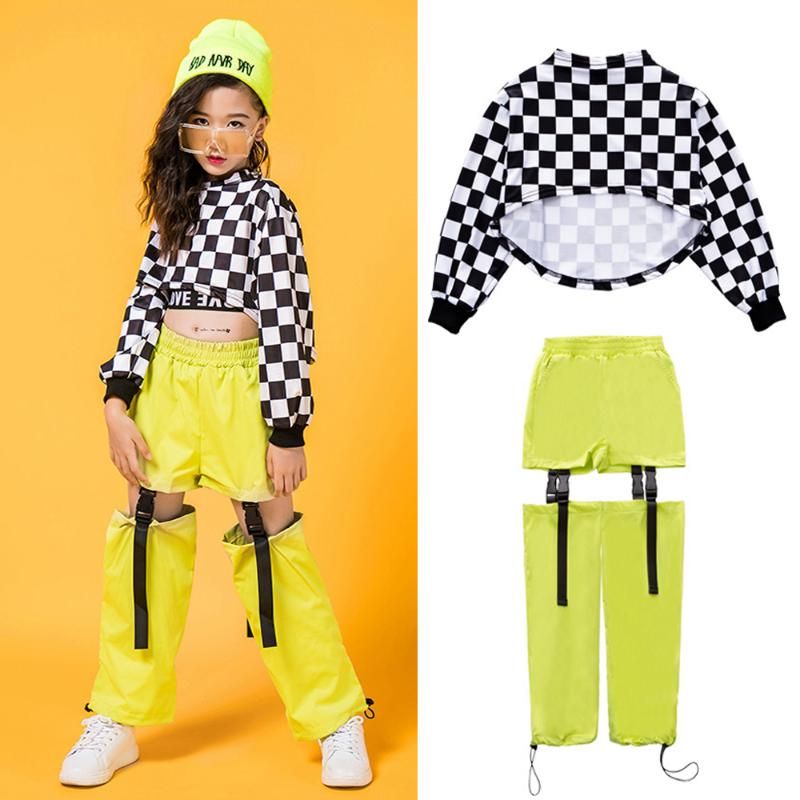 satin al cocuklar hip hop giyim siyah beyaz ekose kazak mahsul hollow casual pantolon icin kizlar caz dans camasir sokak sahne kiyafetleri tops