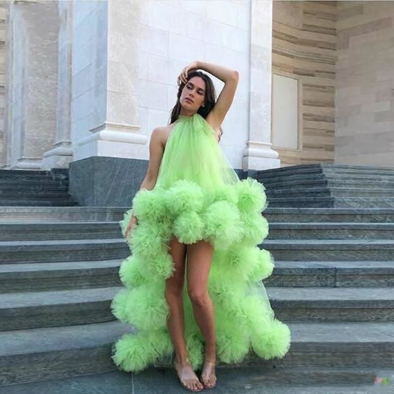 Green High Low Ruffled Prom Dresses 
