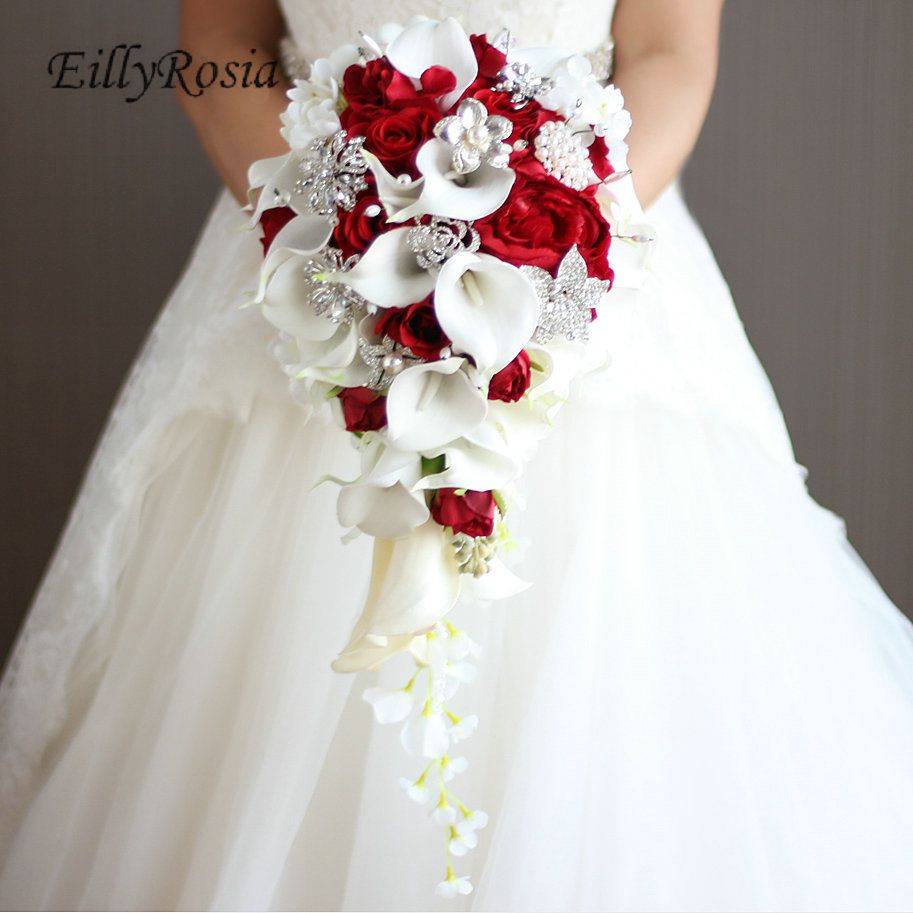 Cachoeira casamento bouquet noiva jóias cristal cristal lírio lírio buquês  de nupcial artificiais flores vermelhas reais