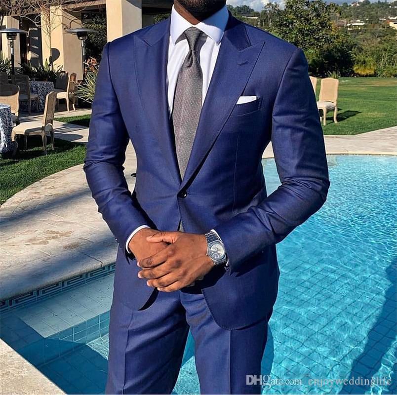Dark Blue Wedding Tuxedos One Button Classic Fit Peaked