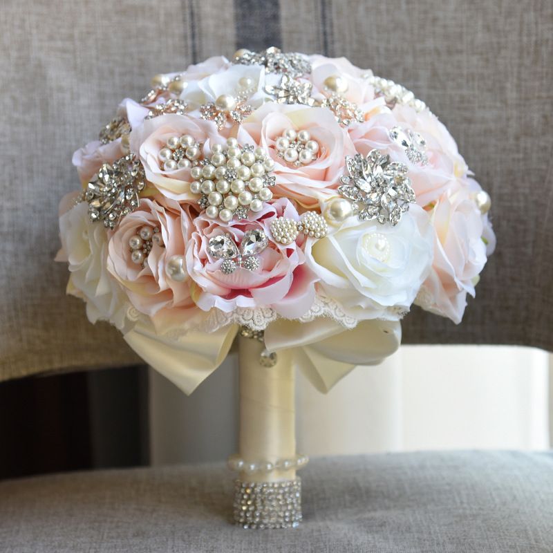 De luxe en soie Fleurs artificielles Perles cristal bouquet de mariage  Bouquet de mariée Robe de