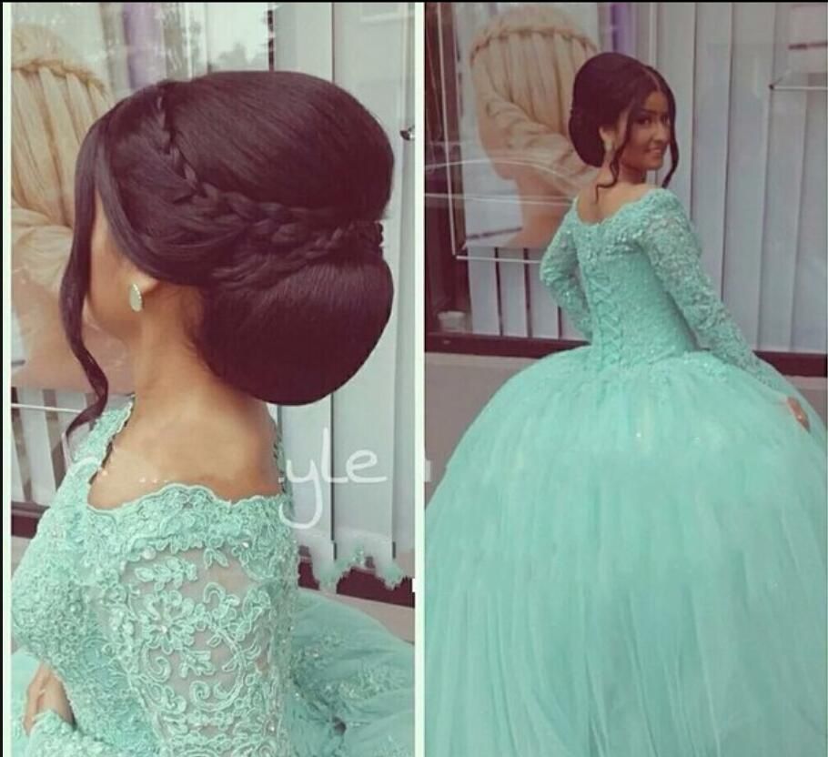 Vintage Menta Verde Quinceañera Vestidos Para 15 Cuello Cuello Apliques Encaje Bola Vestido Barato Quinceanera De Manga Larga Vestidos De Fiesta De € | DHgate