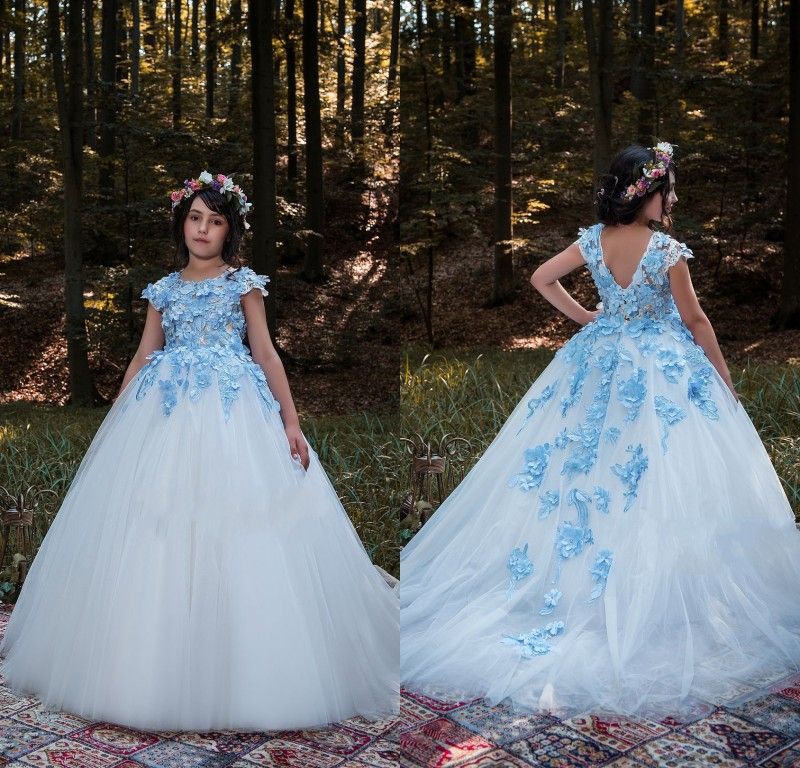 white wedding dress with blue flowers