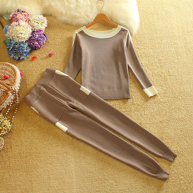 Women Knitting Set Sweaters Long Pants Pullovers Trousers Suit s 2PCS One Size