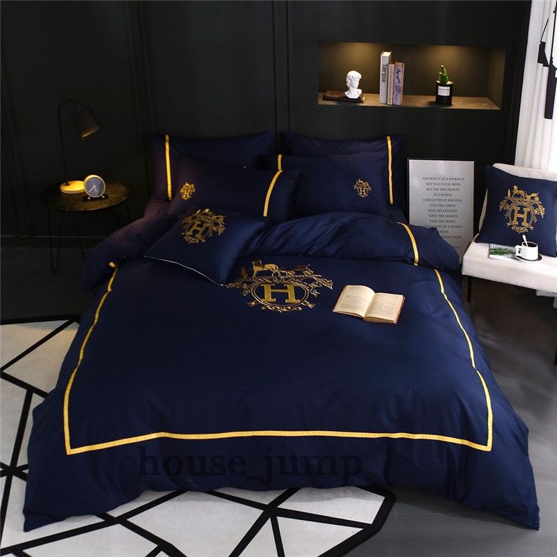 Navy Blue Embroidery Bed Cover Suit Luxury Design Europe And