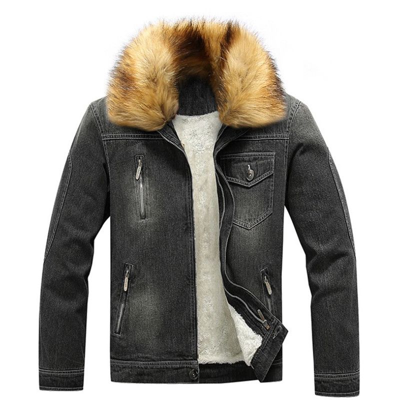 Omoone Mens Faux Fur Collar Sherpa Fleece Lined Distressed Denim Trucker Jacket 