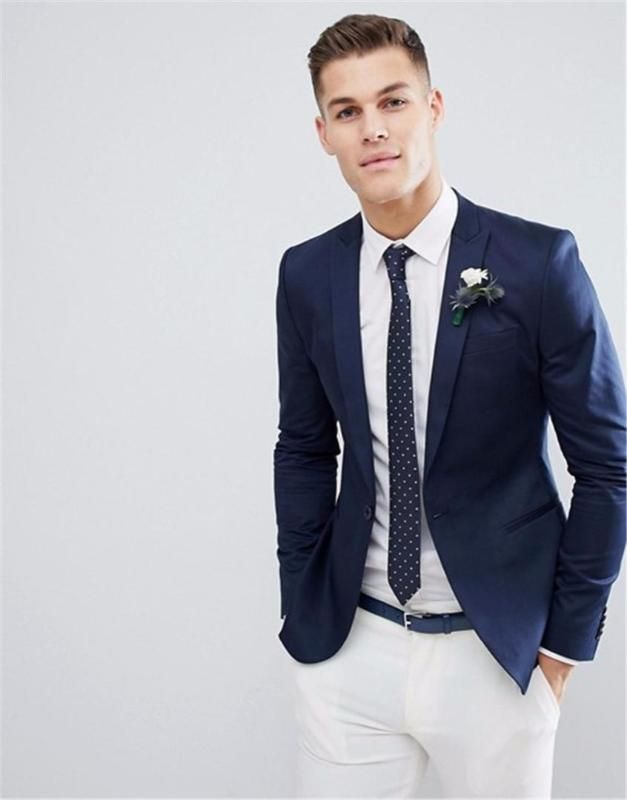 Top Quality Navy Blue Wedding Suit And White Pants Slim Fit Mens Suit ...