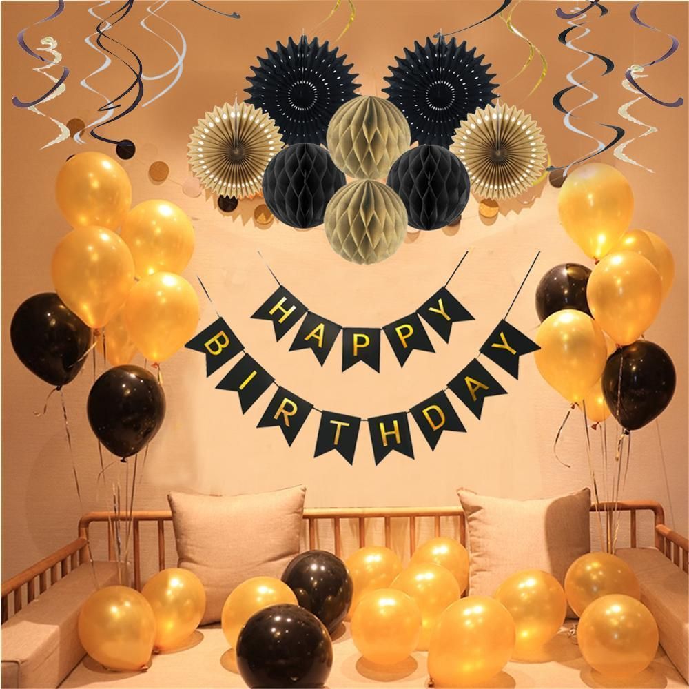 Decoraciones de fiesta de cumpleaños negro dorado papel Feliz Banner globos de látex remolino