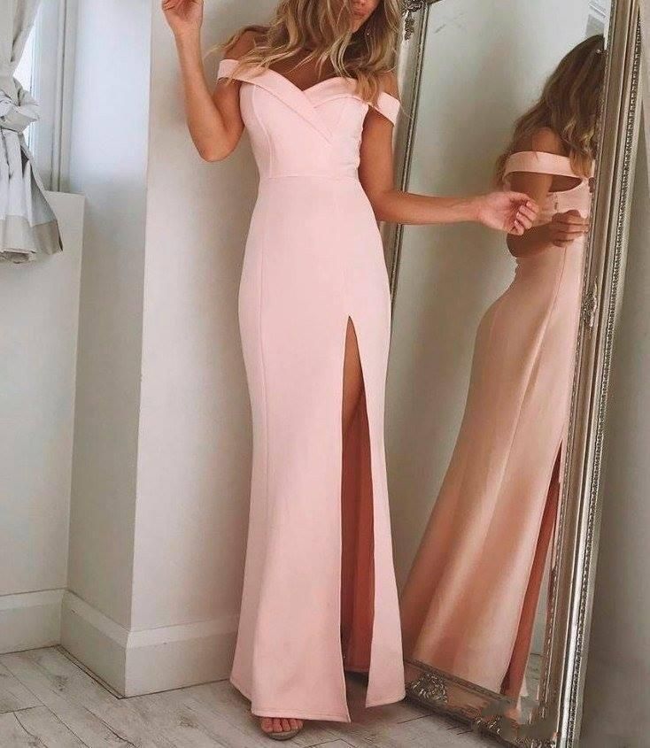 2019 the Shoulder Vestidos de fiesta elegantes sencillos Vestidos largos de color rosa Vestidos con