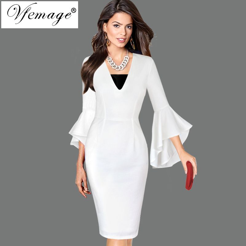2020 Vfemage Women Sexy Deep V Section Flare Bell Long Sleeves Elegant Work Business Casual Party Slim Coat Bodycon Pencil Dress 7925 Y19071001 From Bing01 19 71 Dhgate Com