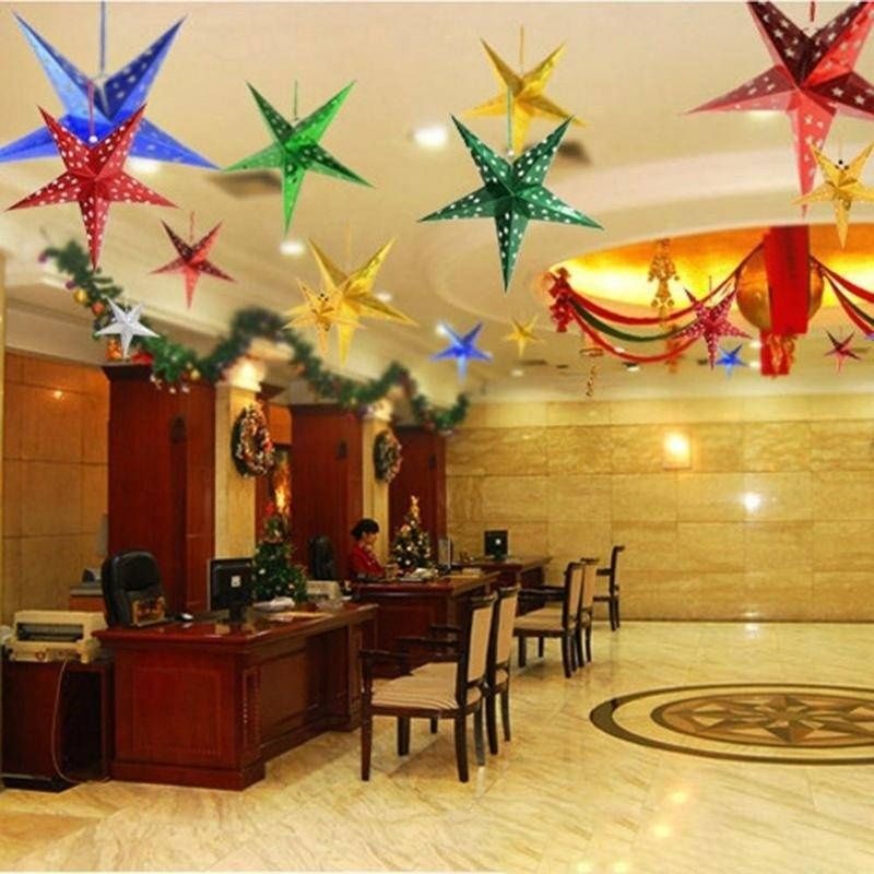 2019 Pentagram Ceiling Hanging Decoration Ceiling Stereoscopic Laser Pentacle Paper Star Ornaments Star String Hanging Tree Decoration Ornament From