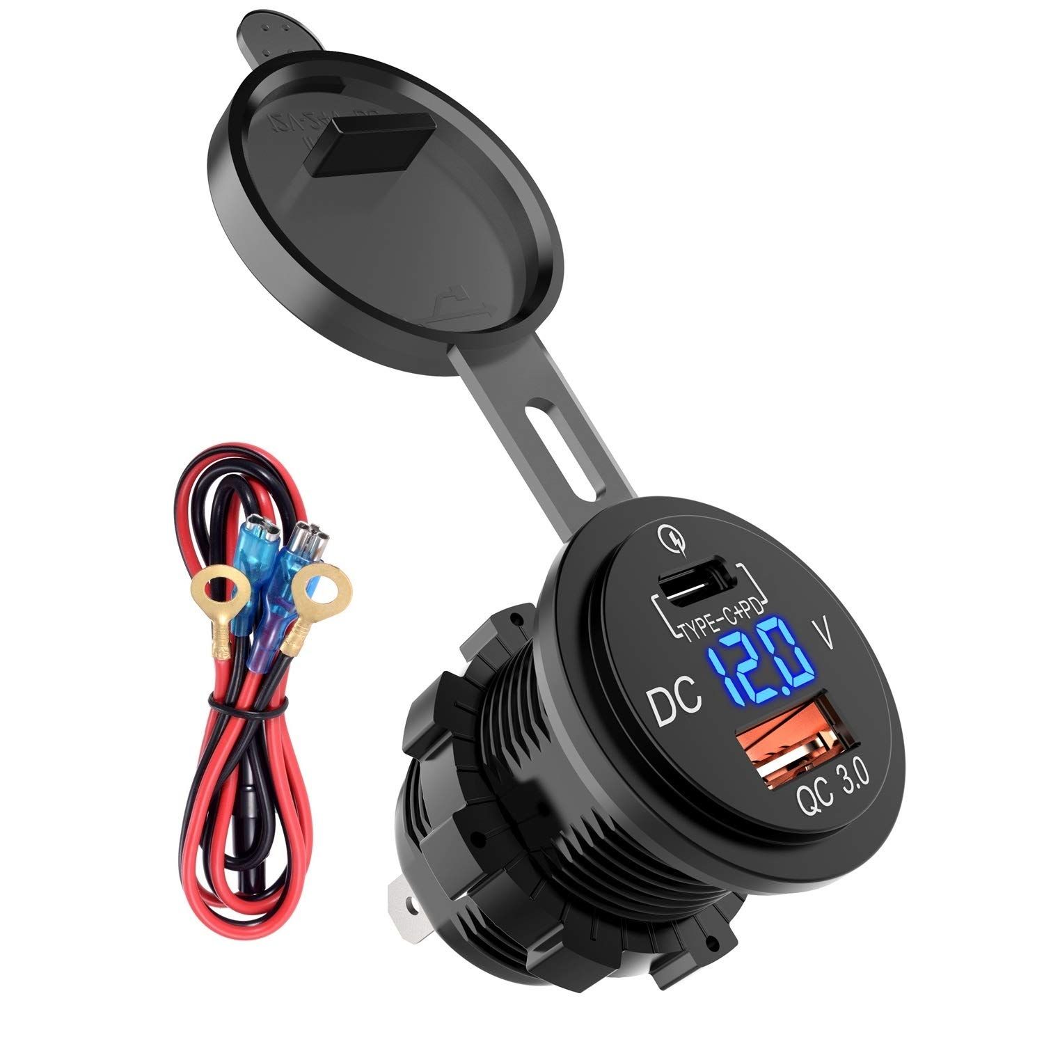 12v 24v Waterproof Usb Type C Car Charger Socket Power Outlet Adapter Power Delivery 2 0 Qc3 0 36w With Voltmeter For Marine Boat Motorcycle Wireless Phone Charging In Car Charging A Cell Phone From