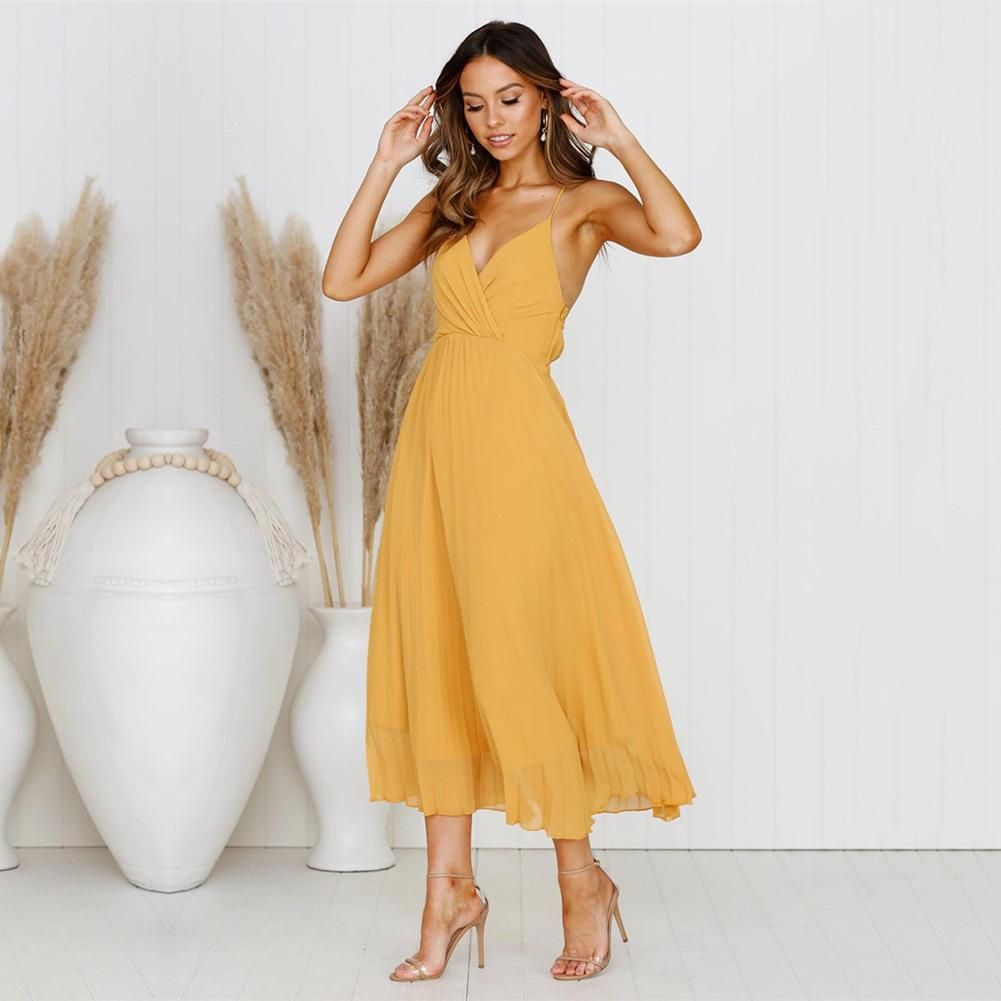Womens Midi Dresses Backless Spaghetti Strap Summer Holiday Beach