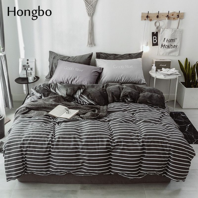 2020 Hongbo New Thick Crystal Velvet Black White Stripe Bedding